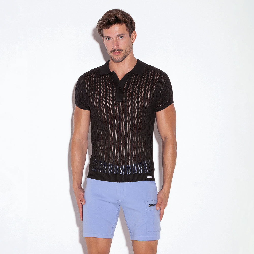 Code 22 Knitted Stripe Polo Shirt Black