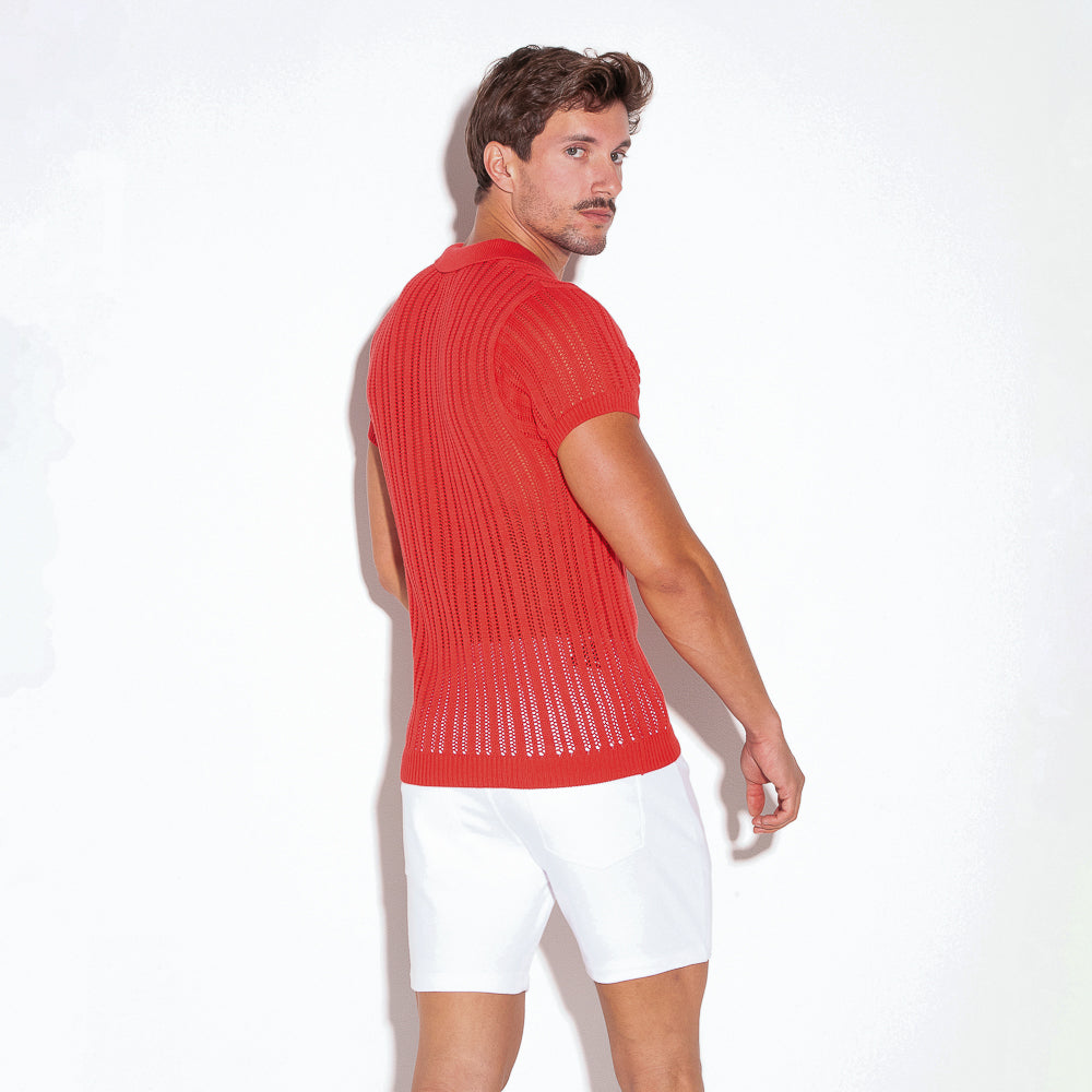 Code 22 Knitted Stripe Polo Shirt Coral