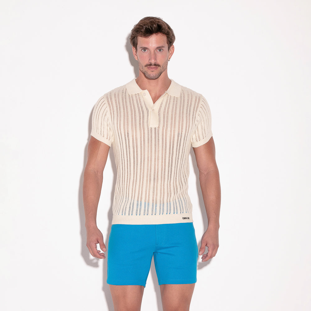 Code 22 Knitted Stripe Polo Shirt Off White