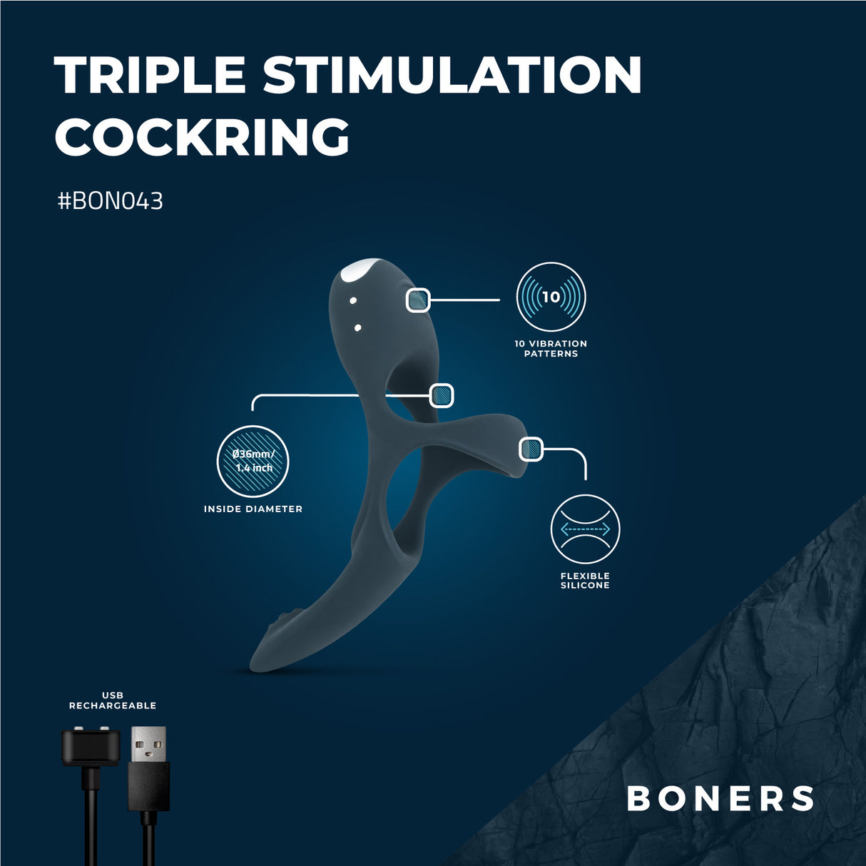Boners Triple Vibrating Rechargeable Cock Ring