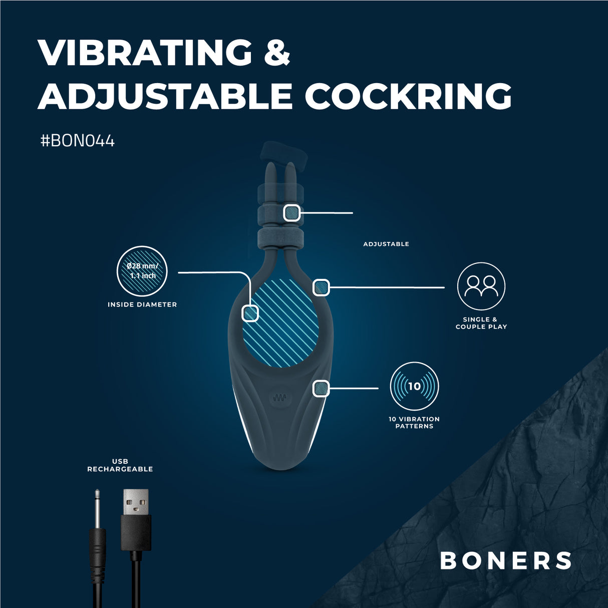 Boners Adjustable Vibrating Rechargeable Cock Ring