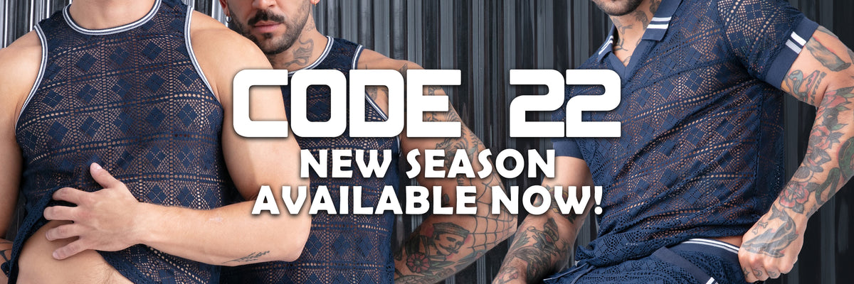 Promotional banner for 'Code 22 New Season Available Now!' showing three men wearing dark navy patterned athletic tank tops and shirts against a corrugated metal background.