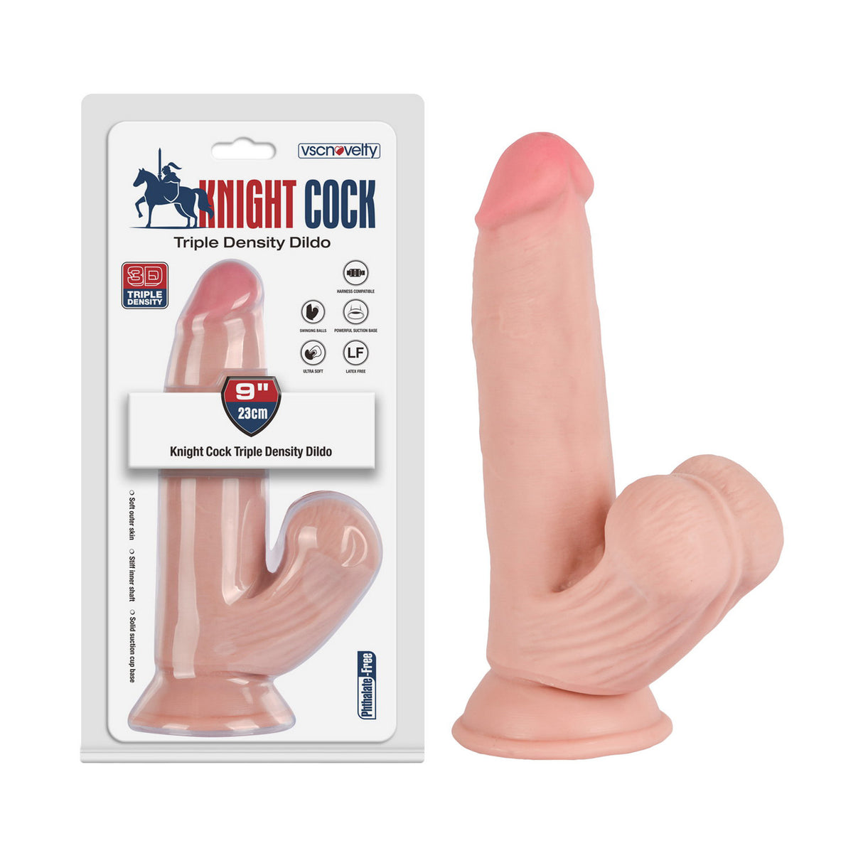 Knight Cock 3D Triple Density Dildo with Swinging Balls 9 Inch Light