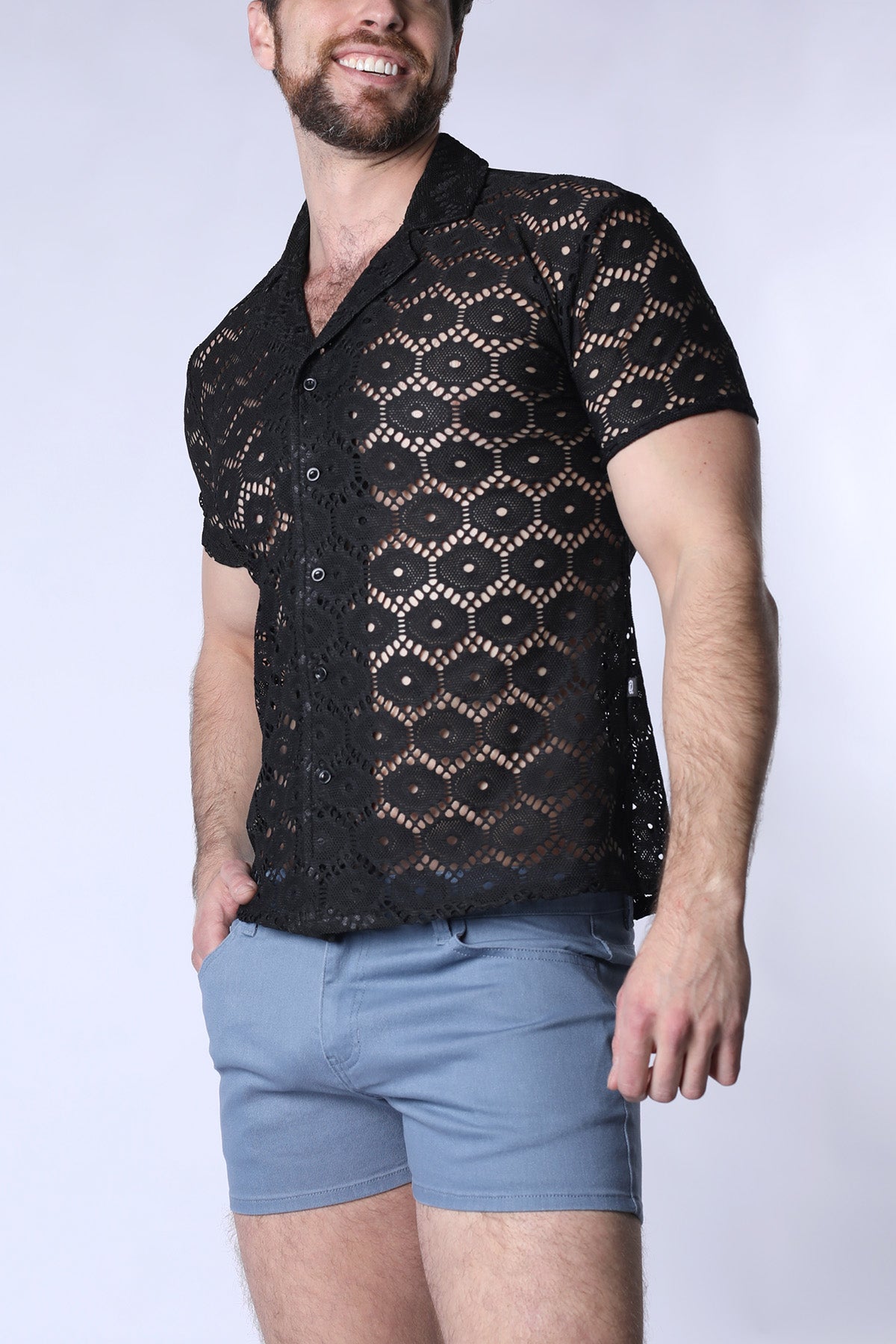 Timoteo Palmero Button Down Mesh Shirt Black