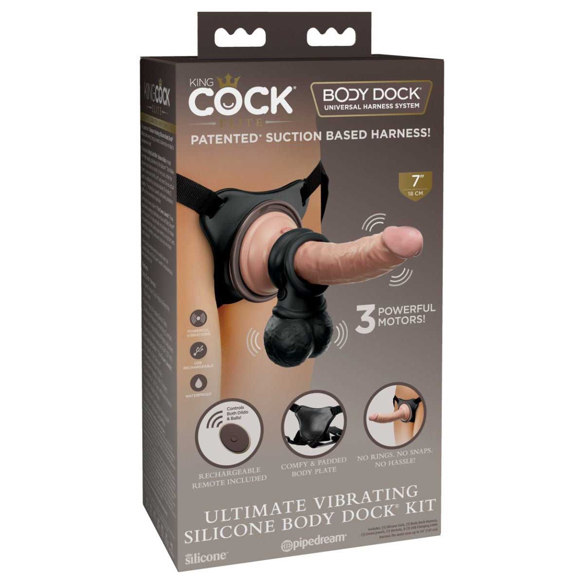 Pipedream King Cock Elite Ultimate Vibrating Silicone Body Dock Kit 7 Inch Flesh