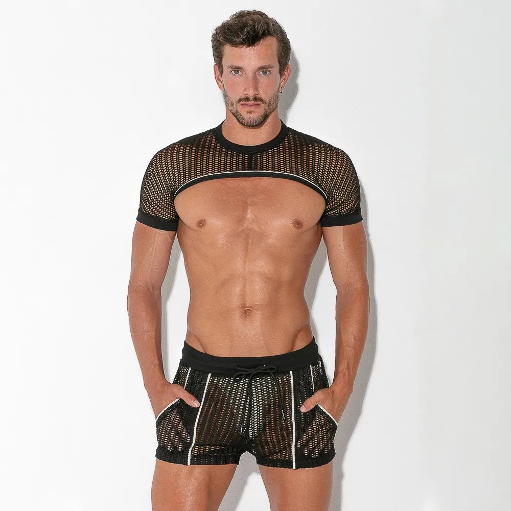 Code 22 Crochet Sleeve Micro Crop Top Black - FETCH