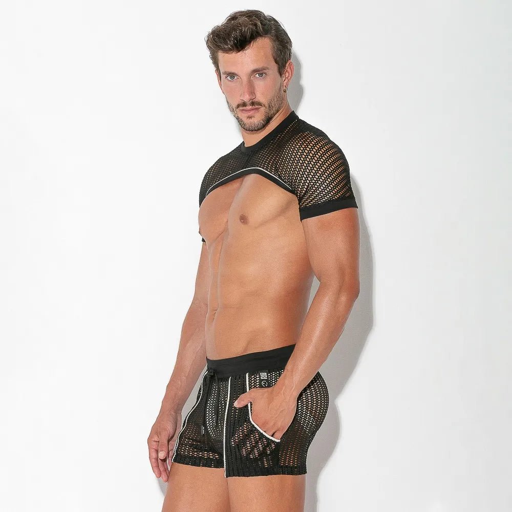 Code 22 Crochet Sleeve Micro Crop Top Black - FETCH