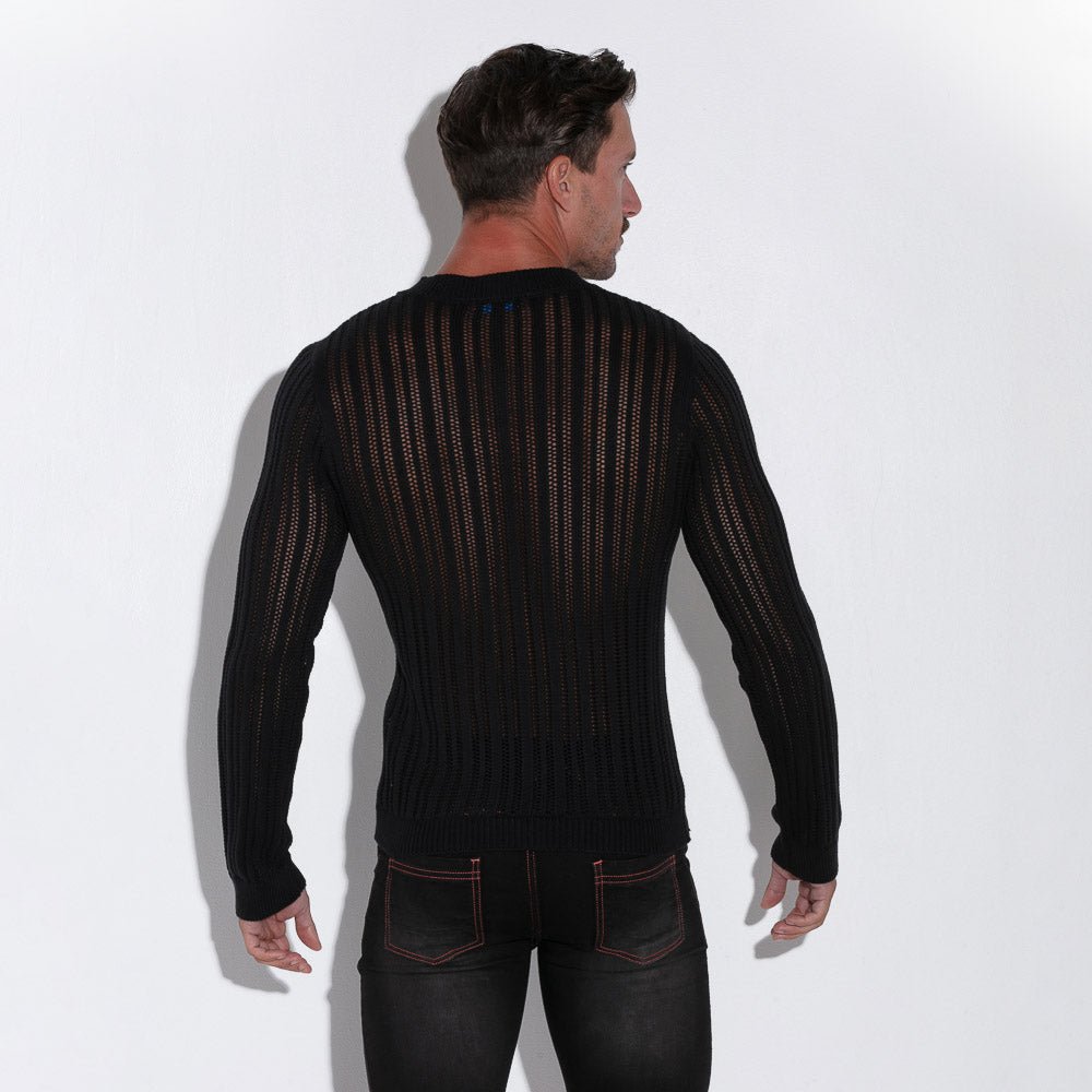 Code 22 Knitted Stripe Henley Sweater Black - FETCH