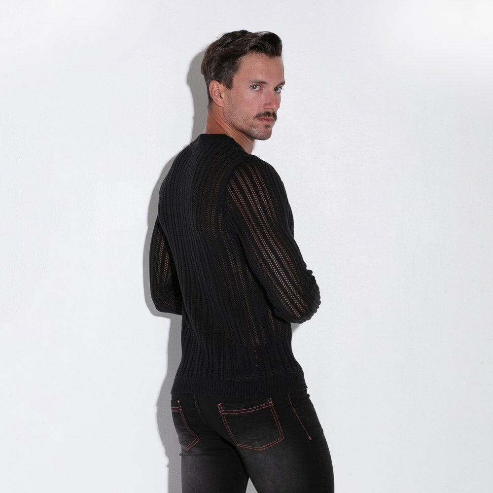 Code 22 Knitted Stripe Henley Sweater Black - FETCH