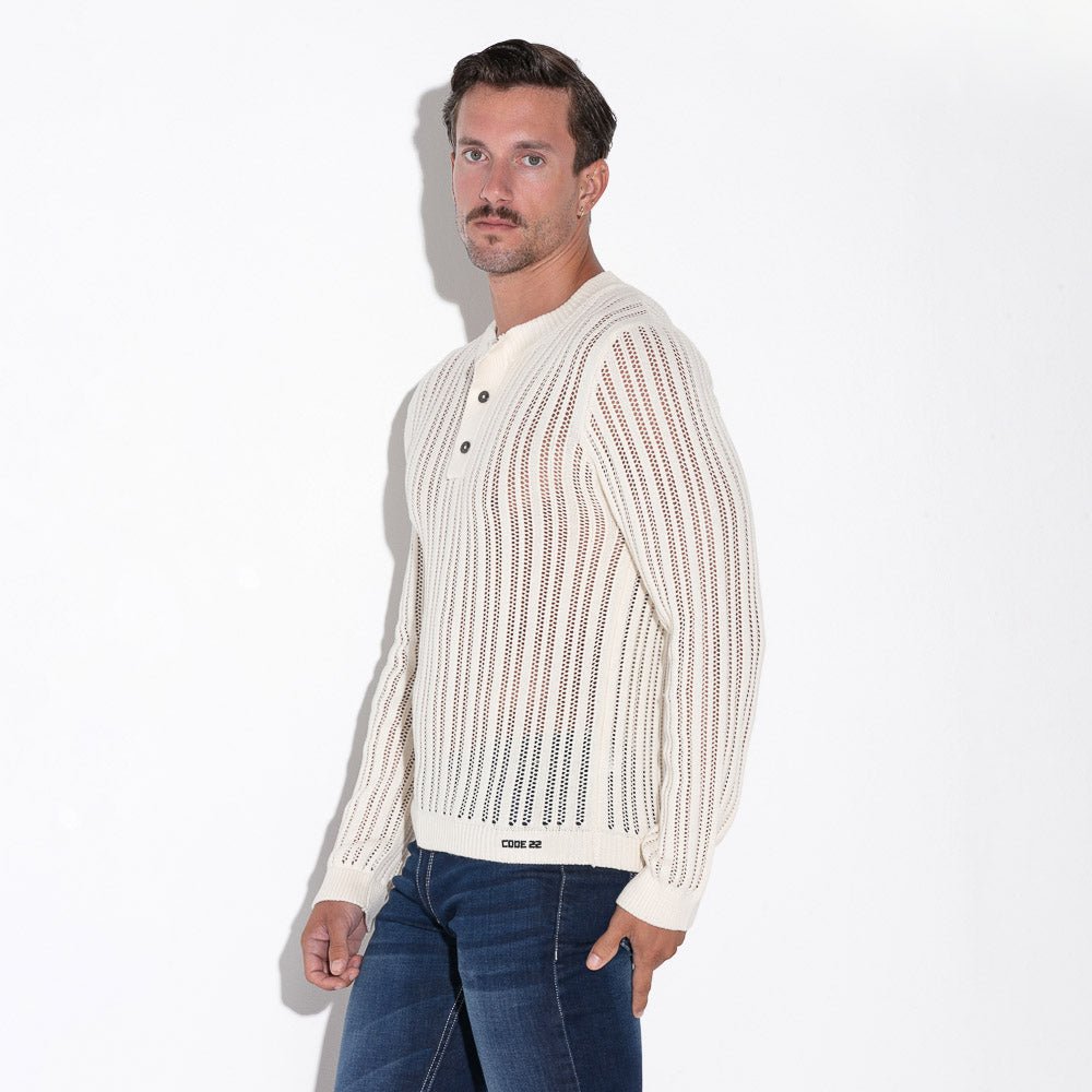 Code 22 Knitted Stripe Henley Sweater Off White - FETCH