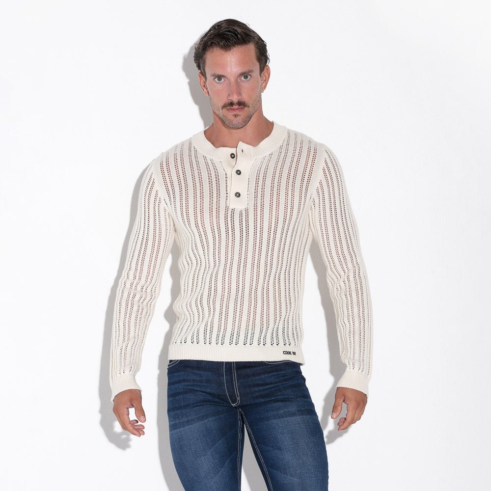 Code 22 Knitted Stripe Henley Sweater Off White - FETCH