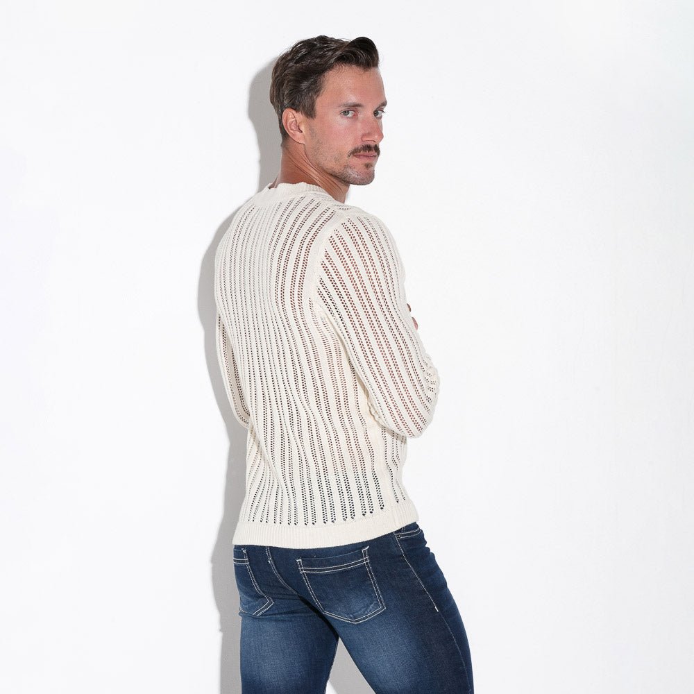 Code 22 Knitted Stripe Henley Sweater Off White - FETCH