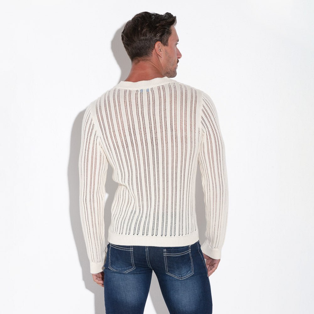 Code 22 Knitted Stripe Henley Sweater Off White - FETCH