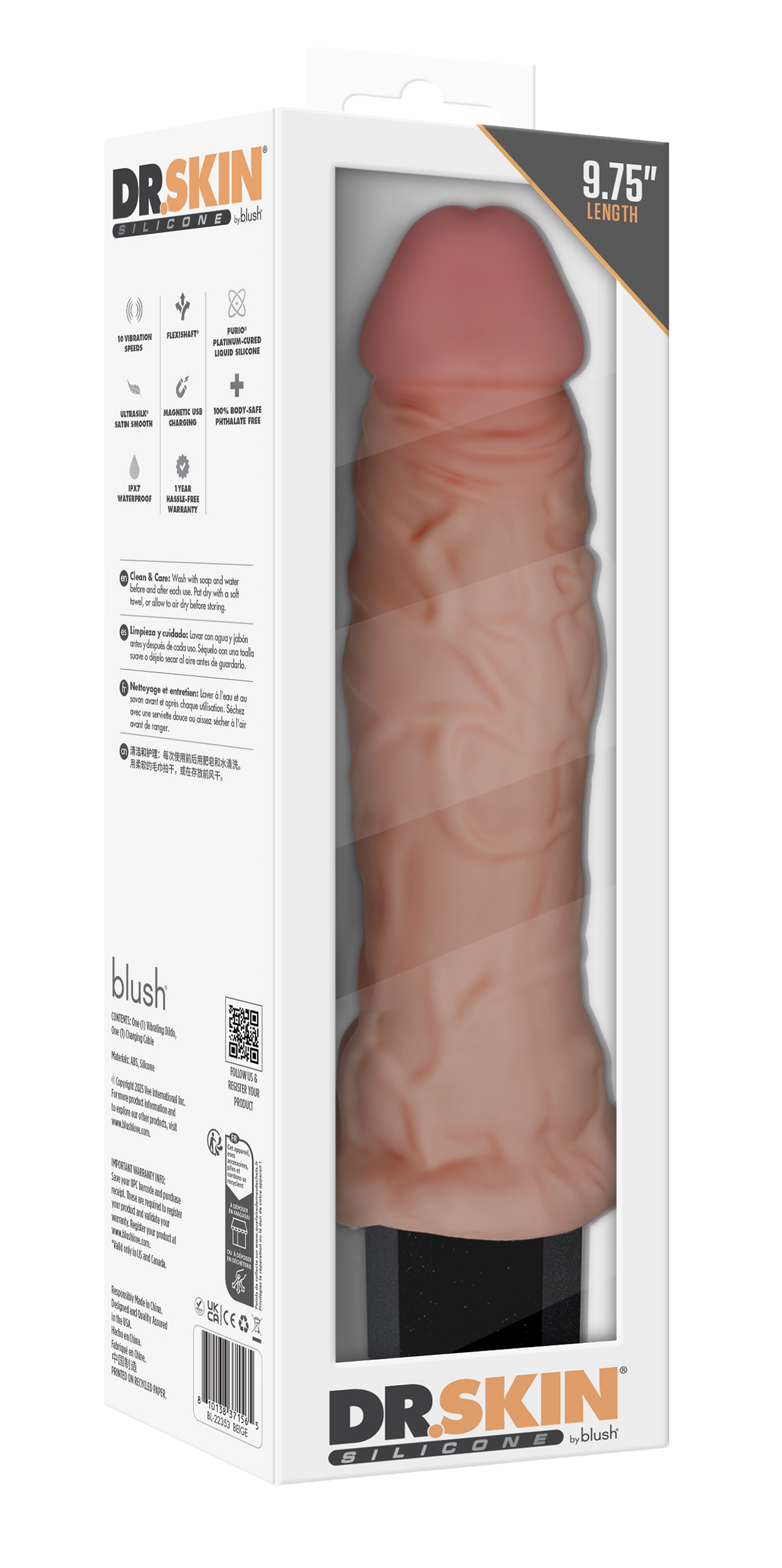 Dr Skin Silicone Dr Webber Vibrating Dildo 9.75 Inch Flesh