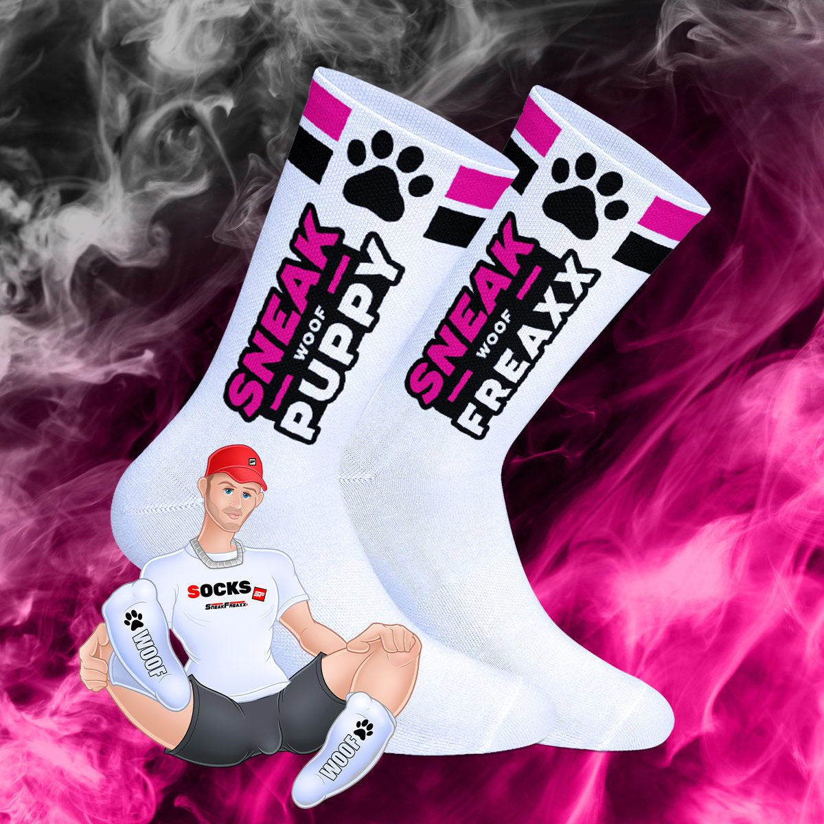 SNEAKFREAXX Woof Puppy Socks White Pink