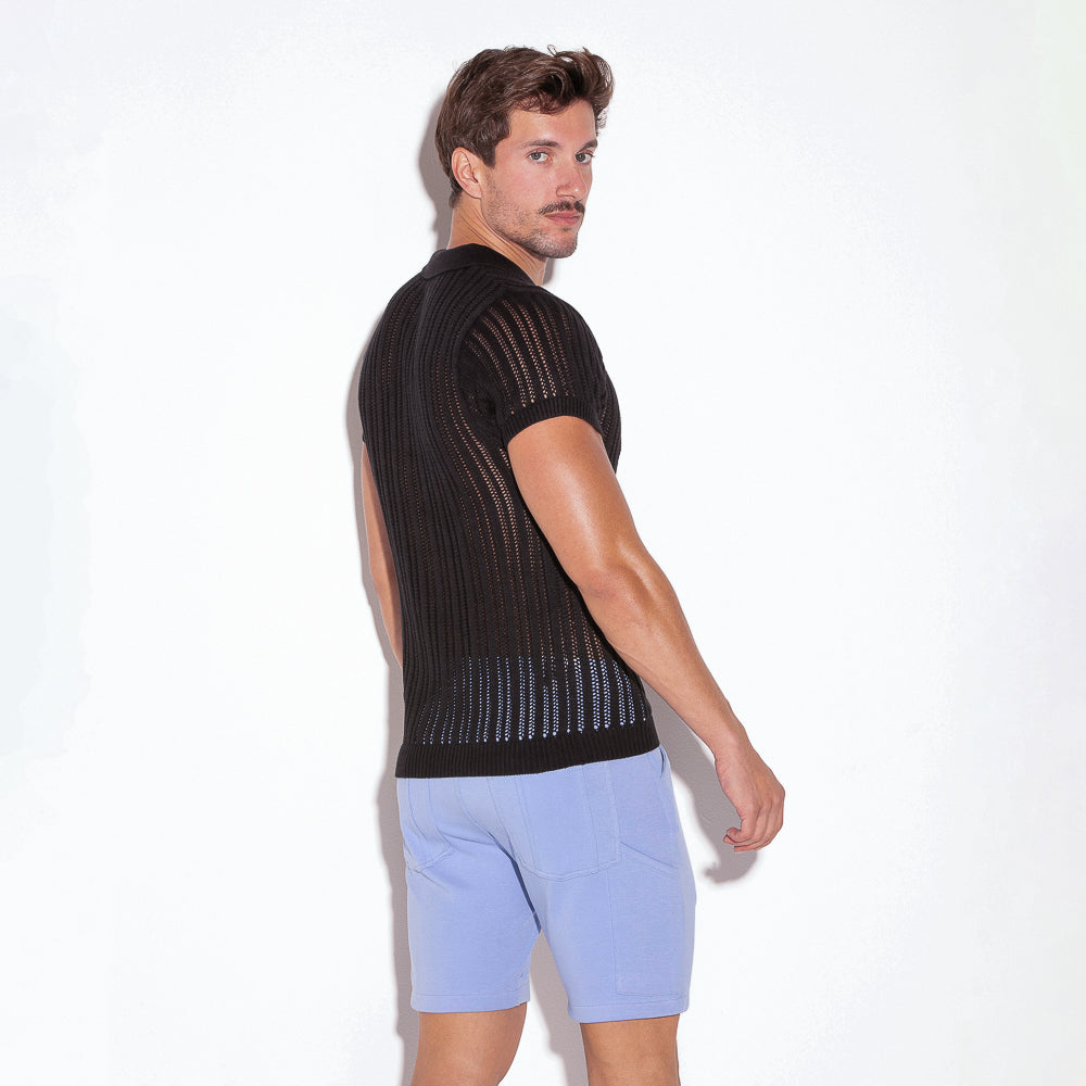 Code 22 Knitted Stripe Polo Shirt Black
