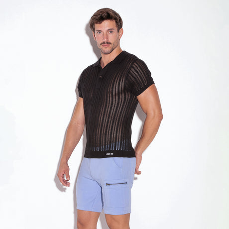 Code 22 Knitted Stripe Polo Shirt Black