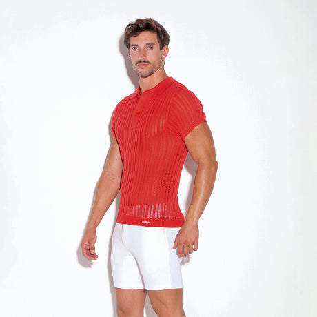 Code 22 Knitted Stripe Polo Shirt Coral