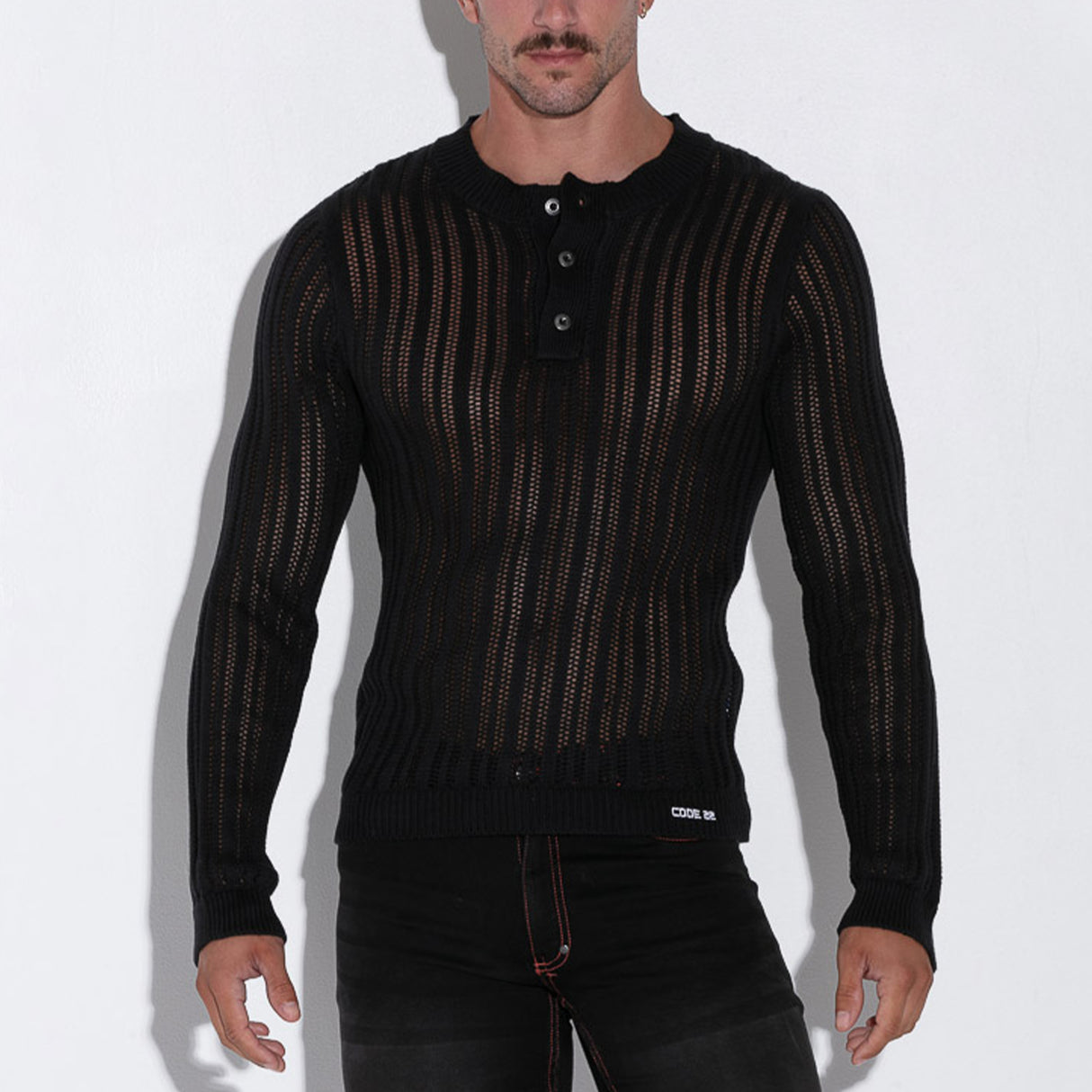 Code 22 Knitted Stripe Henley Sweater Black