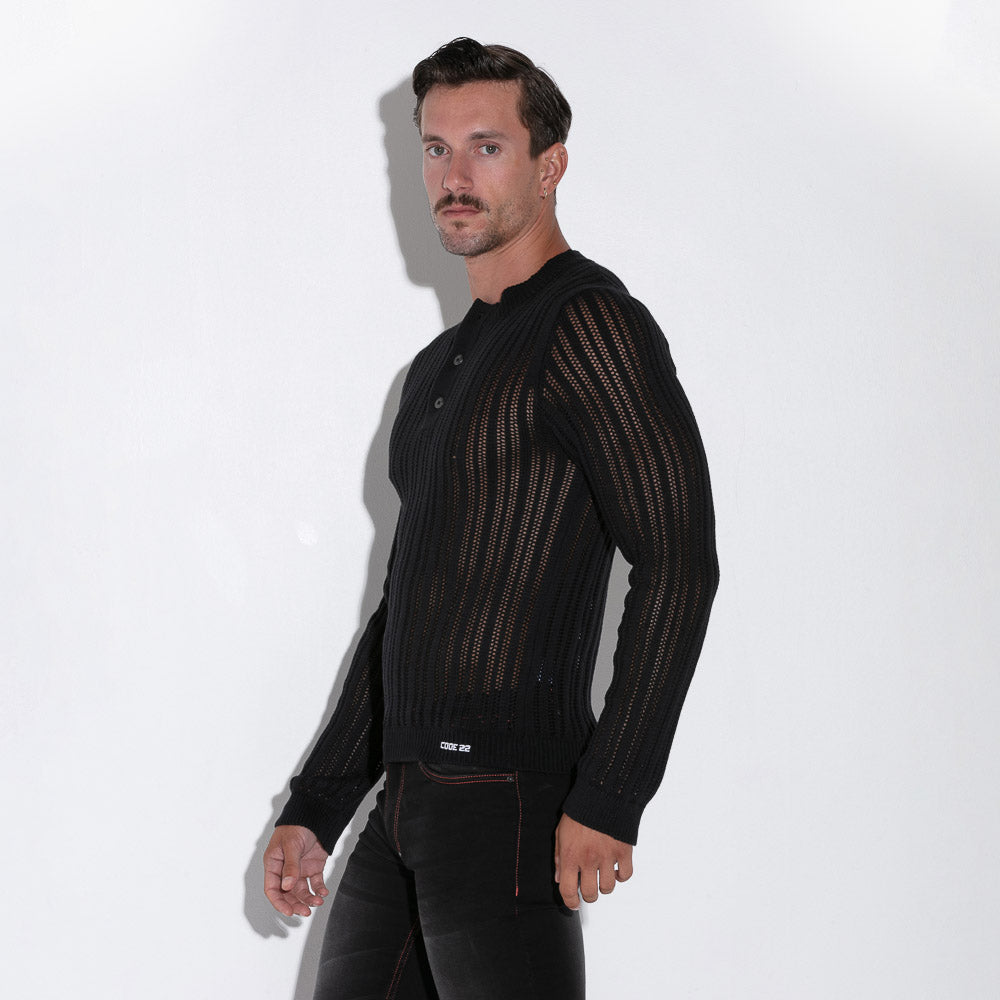 Code 22 Knitted Stripe Henley Sweater Black