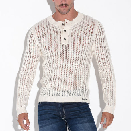 Code 22 Knitted Stripe Henley Sweater Off White