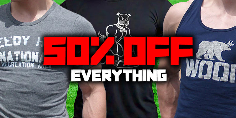 Three people wearing different t-shirts with promotional text overlay on a green background