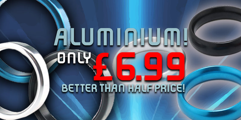 Promotional graphic for aluminium rings with a blue and silver color scheme and text indicating price and value.