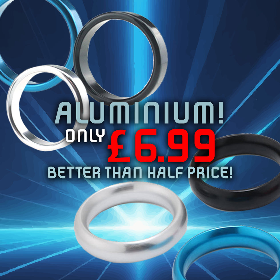 Aluminium rings with a blue background and promotional text.