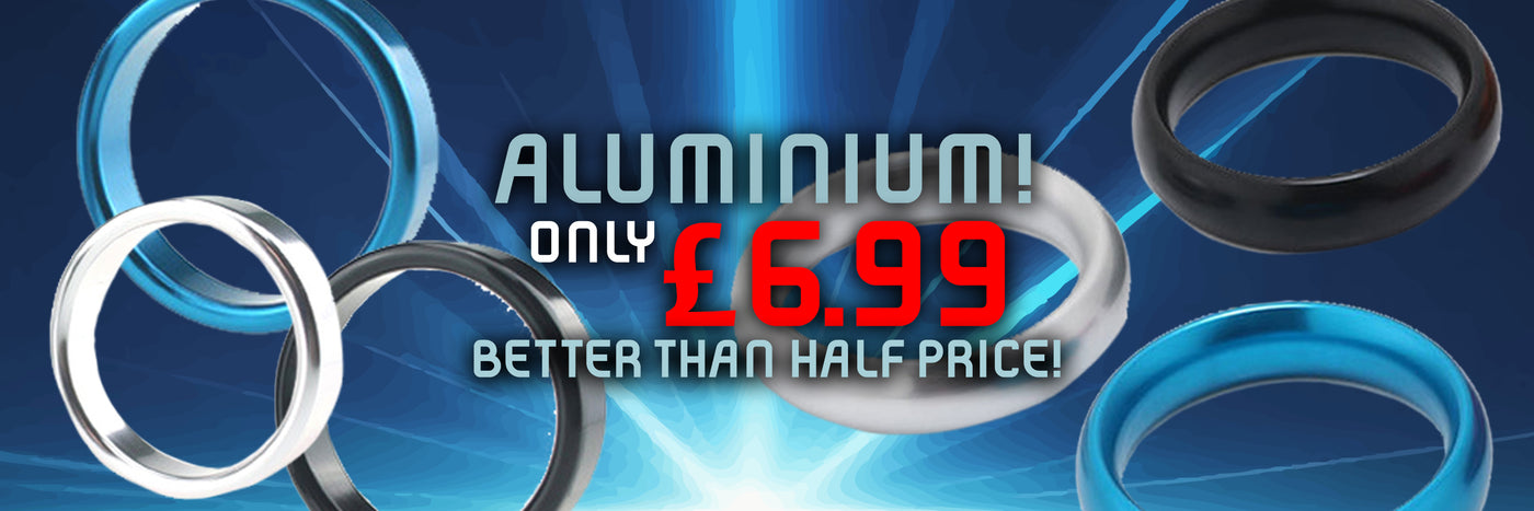 Promotional image of aluminium rings with a blue background and text indicating price and offer.