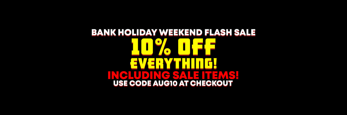 Black promotional banner with text reading 'BANK HOLIDAY WEEKEND FLASH SALE', '10% OFF EVERYTHING!', 'INCLUDING SALE ITEMS!', and 'USE CODE AUGIO AT CHECKOUT' in white, yellow, and red lettering.
