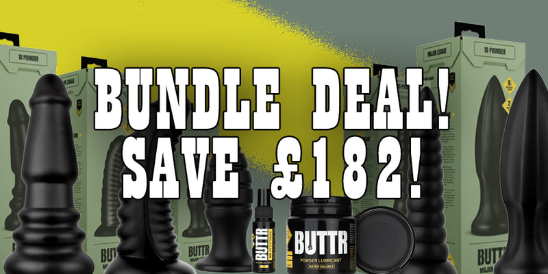 Promotional banner for a bundle deal featuring various black adult novelty products and packaging with large text reading 'BUNDLE DEAL! SAVE £182!'.