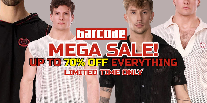 Promotional banner for a clothing brand featuring four male models wearing different tops, with large text reading 'barcode MEGA SALE! UP TO 70% OFF EVERYTHING LIMITED TIME ONLY' on a gray background.