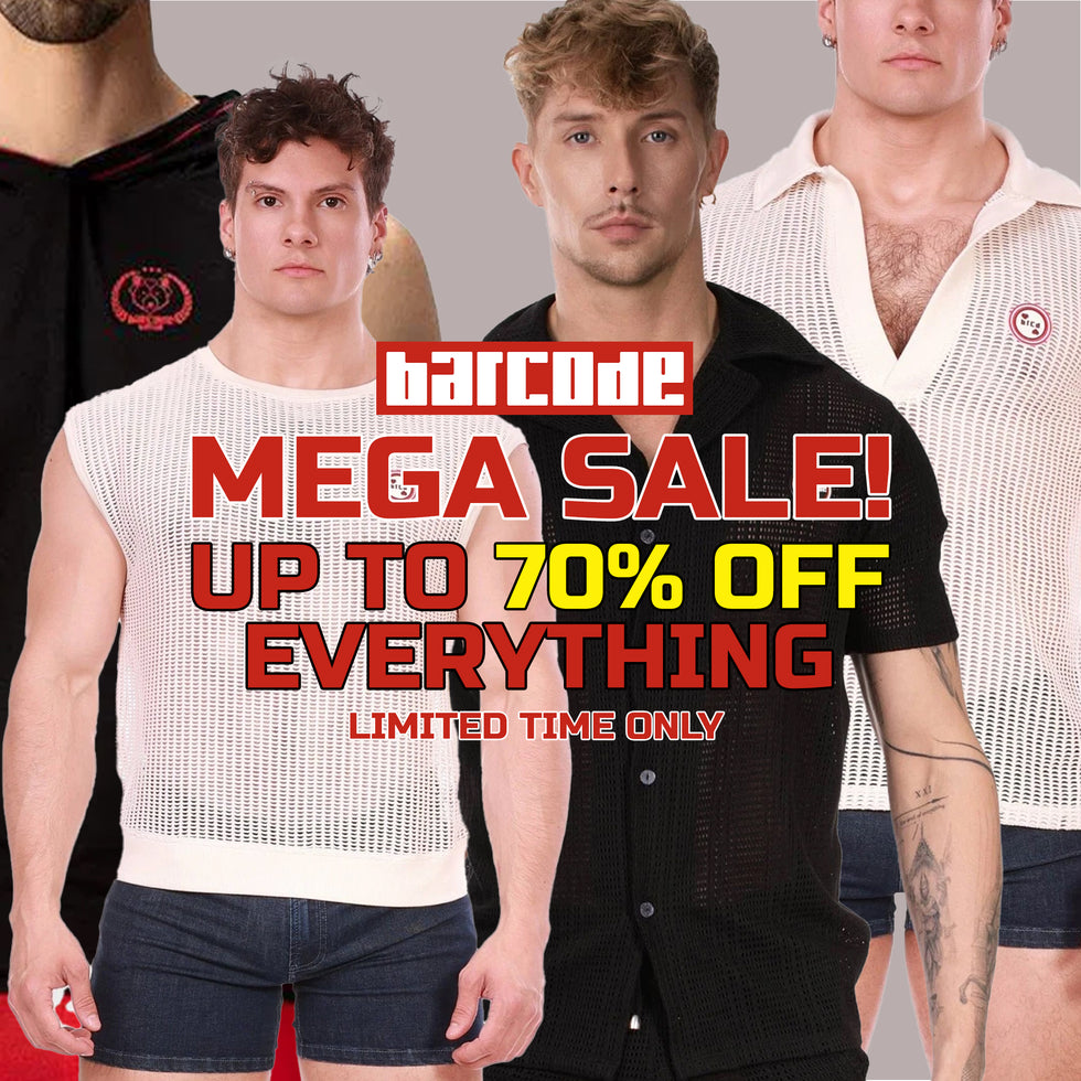 Promotional sale graphic showing three men modeling apparel against a light gray background, with large text reading 'barcode MEGA SALE! UP TO 70% OFF EVERYTHING LIMITED TIME ONLY'. Visible clothing includes a black shirt with a red chest logo on the left, a white sleeveless mesh top, a black button-front shirt in the center, and a white open-collar shirt on the right.