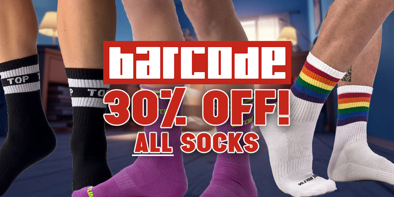 Promotional banner for barcode with colorful socks and 30% off text.