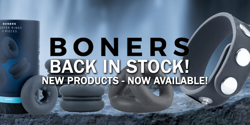 Advertisement for 'BONERS' products with text 'Back in stock! New products now available!' on a dark background.