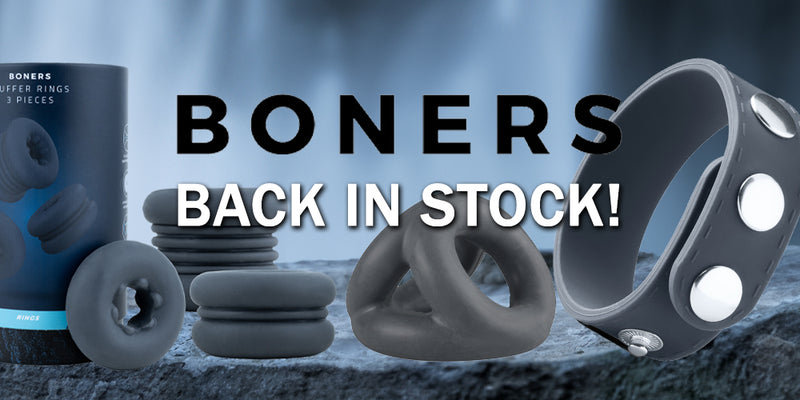 Promotional image of 'Boners' products with text indicating they are back in stock.