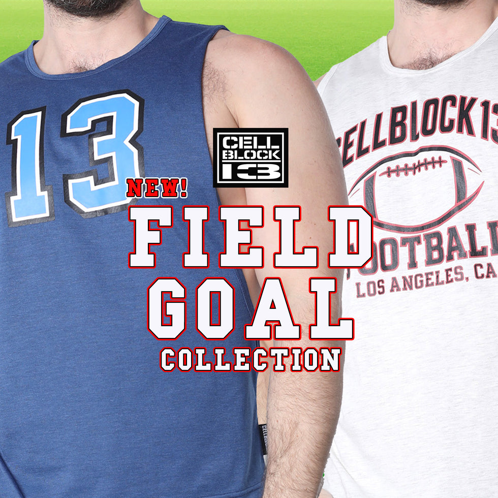Two men wearing athletic graphic t-shirts from Cell Block 13, featuring a blue shirt with a light blue number 13 and a white shirt with a football graphic and 'Field Goal Collection' text, set against a green background.