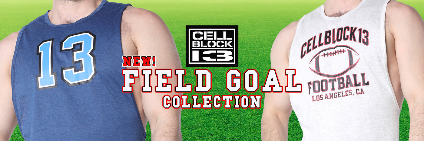 Two men wearing sleeveless athletic tank tops on a green field background. The left shirt is blue with a large light blue number 13, and the right shirt is white with a football graphic and the text 'CELLBLOCK13 FOOTBALL LOS ANGELES, CA'.