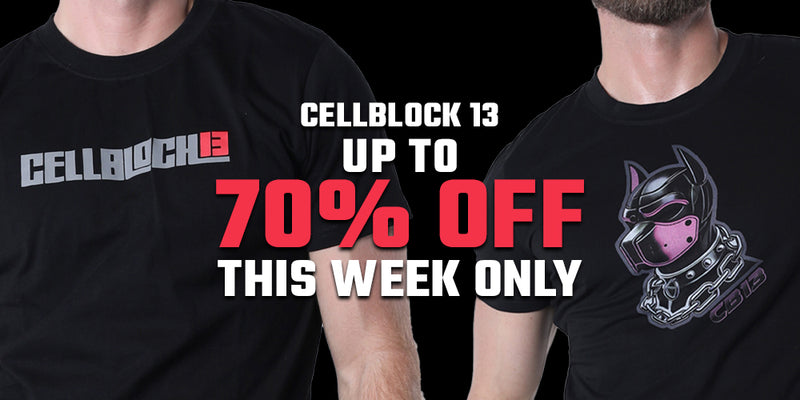 Two black t-shirts with 'CELLBLOCK 13' branding and promotional text for a sale.