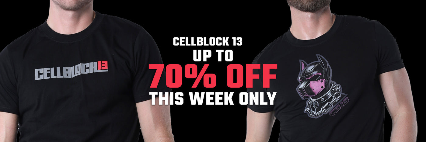 Two people wearing black t-shirts with 'CELLBLOCK 13' branding, promotional text overlay.