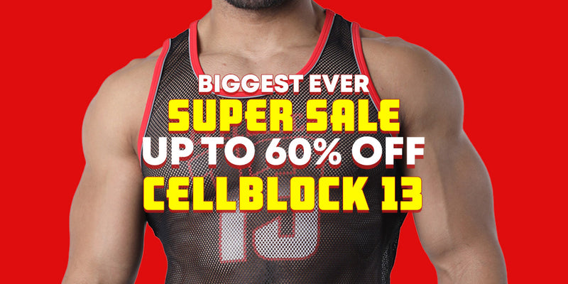 A cropped male model wearing a black mesh athletic tank top with red trim and a large white number 13 on the front, set against a bright red background with bold sale text reading 'BIGGEST EVER SUPER SALE UP TO 60% OFF CELLBLOCK 13'.