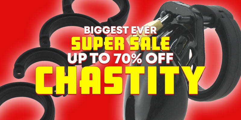 Promotional graphic for a chastity product featuring a black metal cage-like device on a bright red background with large yellow and white sale text reading 'BIGGEST EVER SUPER SALE UP TO 70% OFF CHASTITY'.