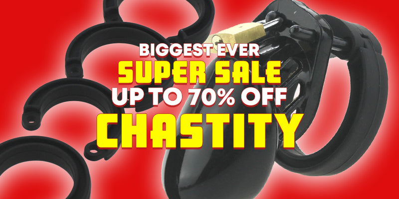 Promotional graphic for a chastity product with black cuffs and a black lock on a red gradient background, overlaid with large text reading 'BIGGEST EVER SUPER SALE UP TO 70% OFF CHASTITY'.