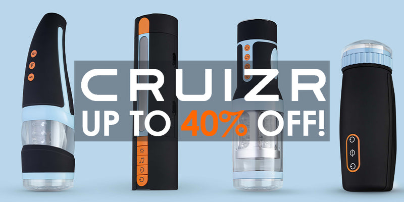 Four black and orange Cruizr personal massagers or personal care devices displayed against a light blue background with a large promotional text overlay reading 'CRUIZR UP TO 40% OFF!'.