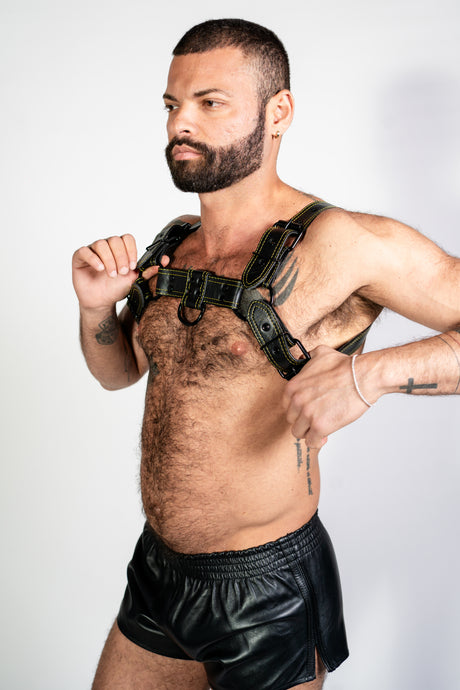 ruff GEAR RAW  Leather Bulldog Harness Black Yellow