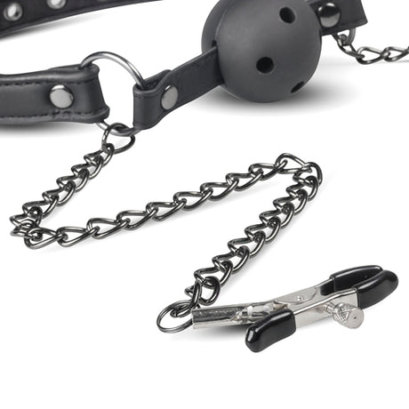 EasyToys Fetish Open Ball Gag with Nipple Clamps