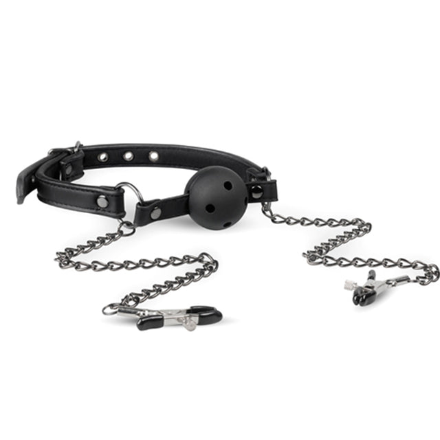 EasyToys Fetish Open Ball Gag with Nipple Clamps