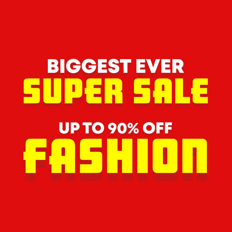 A promotional sale graphic with bold text reading 'BIGGEST EVER SUPER SALE UP TO 90% OFF FASHION' in white and yellow on a solid red background.
