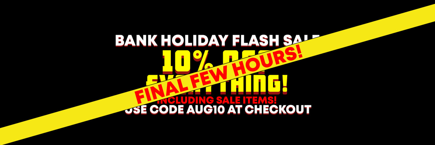 Promotional sale banner on a black background with white and red text reading 'Bank Holiday Flash Sale', a yellow diagonal stripe, and '10% OFF FINAL FEW HOURS!' across the center.
