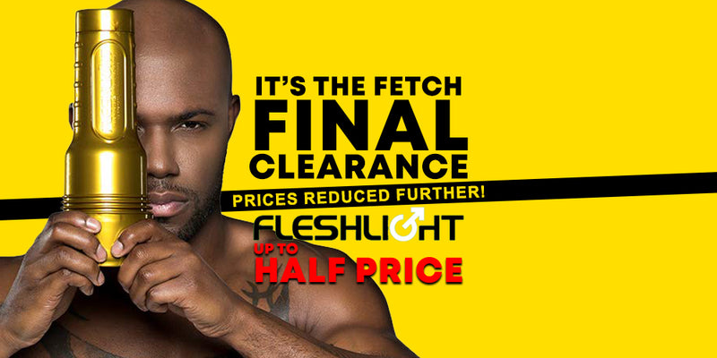 A promotional advertisement featuring a man holding a metallic gold fleshlight against a bright yellow background with bold black and red text advertising a 'Final Clearance' and 'Fleshlight up to half price'.
